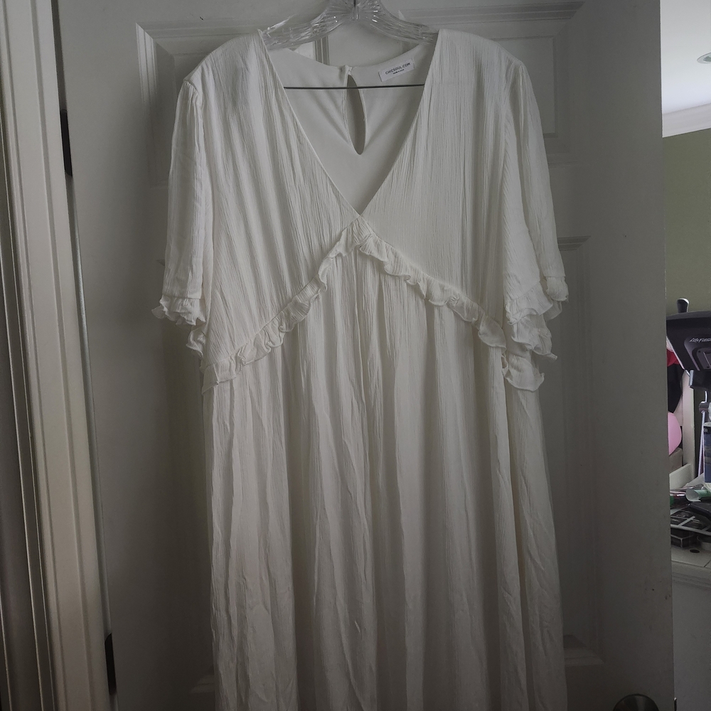 Lightweight White V-Neck Ruffle Midi Dress